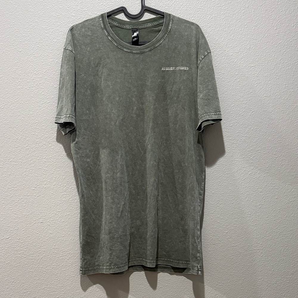 Men's Green Mineral Wash Graphic Short Sleeve T-Shirt AUSSIEFLYFISHER Size Med